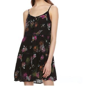 Mudd Embroidered Floral Swing Tie-Front Tiered 100% Rayon Unlined Dress Size M